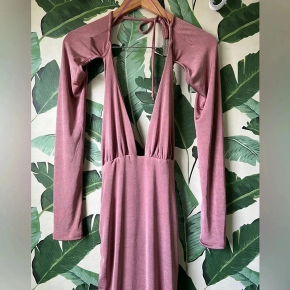 Luxxel Pink Long Sleeve Plunge Deep V Open Back Dress Size M - Picture 4 of 7